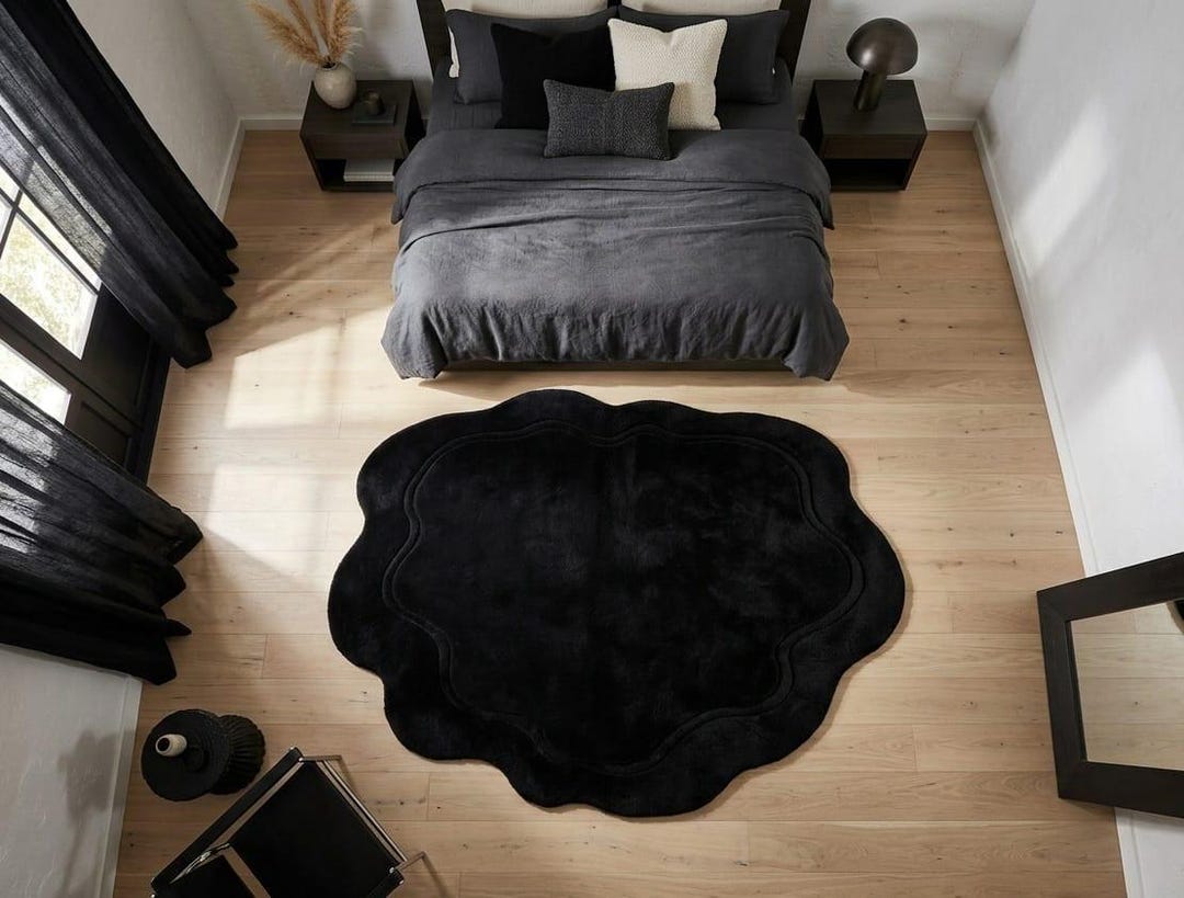 Black Irregular Shape Rug, Modern Minimalist Area Rug, Soft Plush ...