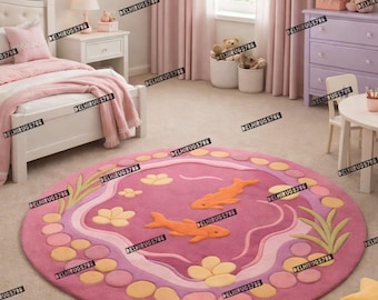 Pink Kids Room Rug, Round Fish Pond Rug , Nursery Soft Playroom carpet.