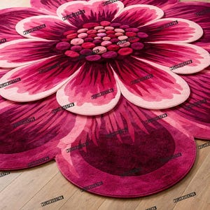 Pink Flower Shaped Rug, Hand Tufted Floral Area Rug, Daisy Carpet, Girls Room Decor. image 2