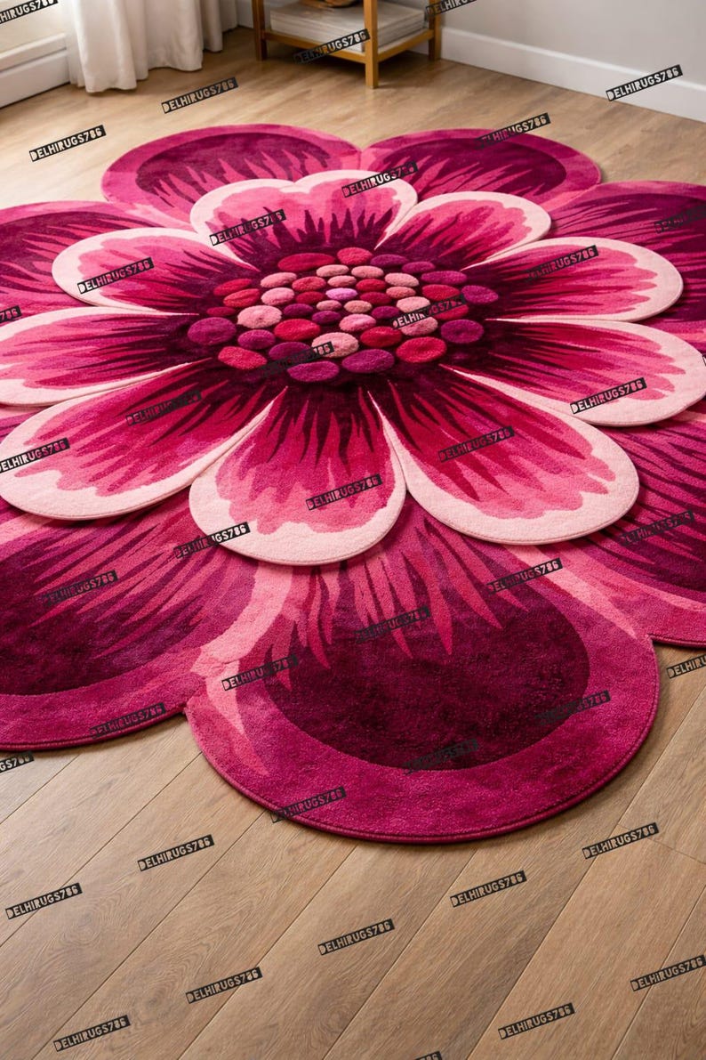 Pink Flower Shaped Rug, Hand Tufted Floral Area Rug, Daisy Carpet, Girls Room Decor. image 2