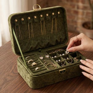 May include: Open olive green velvet jewelry box with gold-colored hardware. The interior is divided into compartments for rings, necklaces, and other jewelry. A hand is placing a pearl earring into the box.