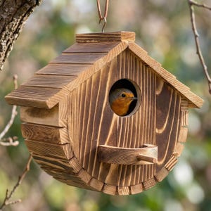 Könnte beinhalten: Ein braunes Vogelhaus aus Holz mit einem runden Eingang und einer kleinen Sitzstange. Das Vogelhaus hat ein Satteldach. Ein kleiner oranger Vogel ist im Inneren zu sehen. Das Vogelhaus hängt an einem Ast.