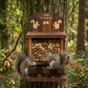 May include: A wooden squirrel feeder with the text "THE NUT BAR" and squirrel silhouettes. The feeder is filled with nuts and peanuts, and two squirrels are eating from it. The feeder is mounted on a tree trunk.
