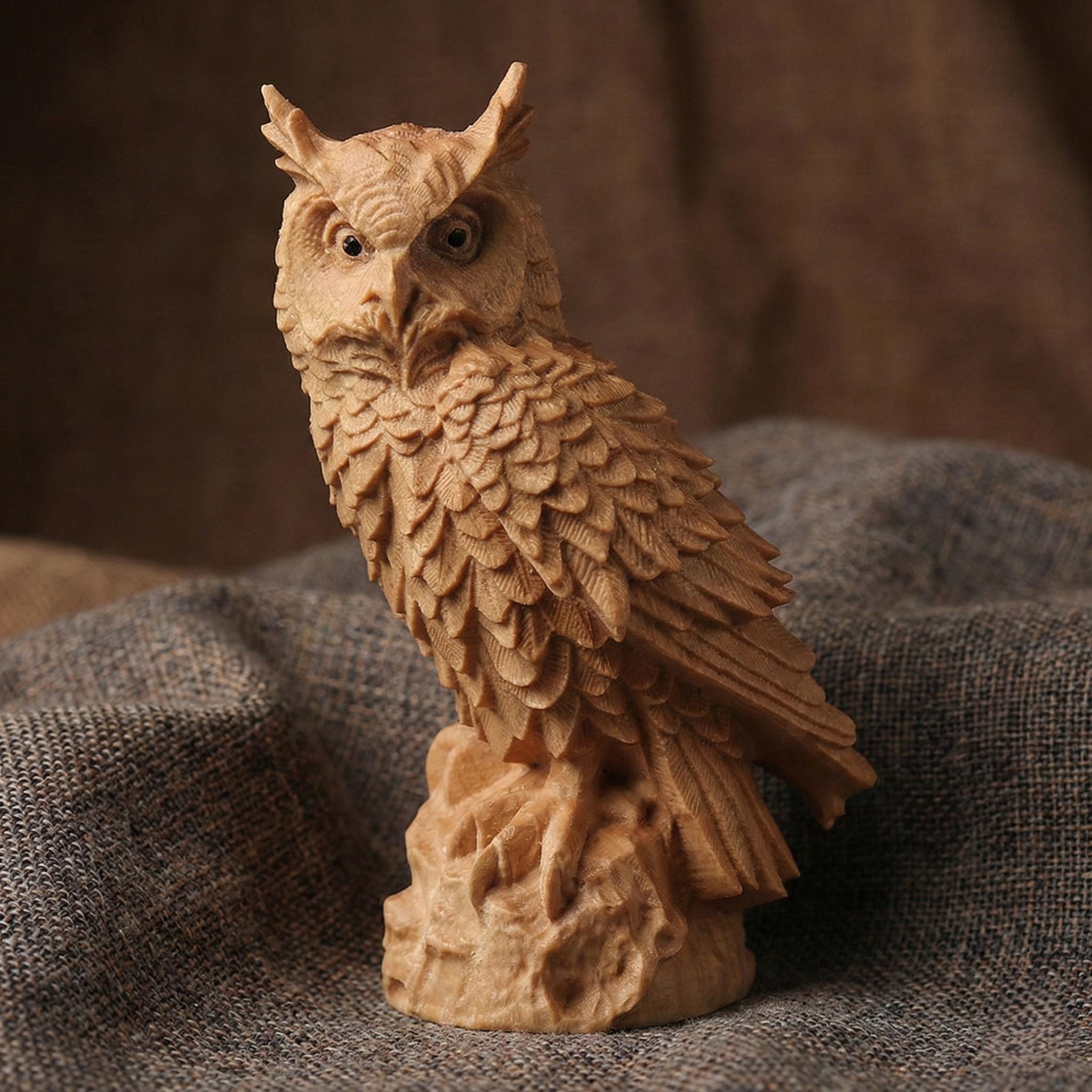 Wooden Owl Figurine Decor,Decorative Owl Statue for Bookshelf, Desk or Nightstand