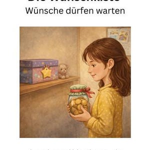 May include: Illustration of a young person holding a jar filled with coins. A decorative box and a teddy bear sit on a shelf. The image has text that reads "Die Wunschkiste" and "Eine Vorlesegeschichte über Wünsche, Geduld und Geld."