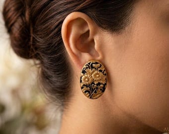 Sunflower Stud Earrings · Black & Gold Oval · Old Money Victorian Statement Jewelry · Gift for Her