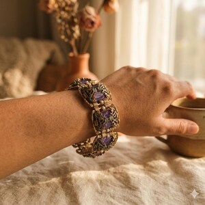 Purple Stone Bracelet · Baroque Antique Gold Statement Link · Charoite Style Vintage Jewelry bild 6