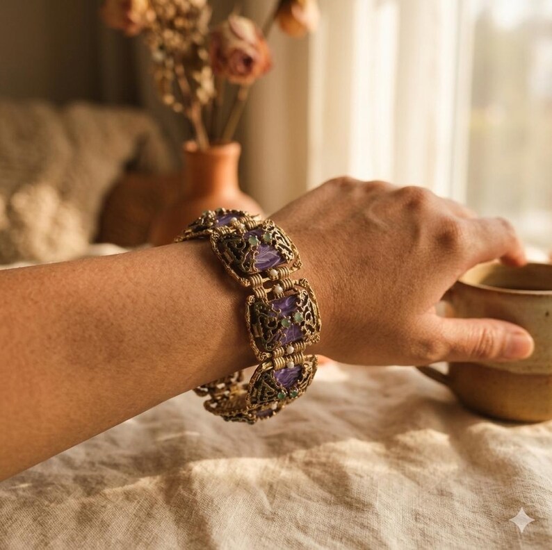 Purple Stone Bracelet · Baroque Antique Gold Statement Link · Charoite Style Vintage Jewelry bild 6