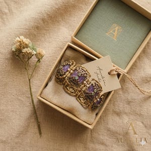 Purple Stone Bracelet · Baroque Antique Gold Statement Link · Charoite Style Vintage Jewelry bild 2
