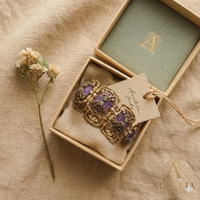 Purple Stone Bracelet · Baroque Antique Gold Statement Link · Charoite Style Vintage Jewelry bild 2