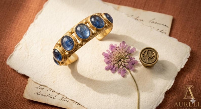 Pu&ograve; includere: Un bracciale rigido dorato con cinque pietre preziose di cianite blu di forma ovale incastonate singolarmente. Il bracciale presenta una finitura metallica testurizzata ed &egrave; accompagnato da un sigillo rotondo in metallo e un fiore viola essiccato.