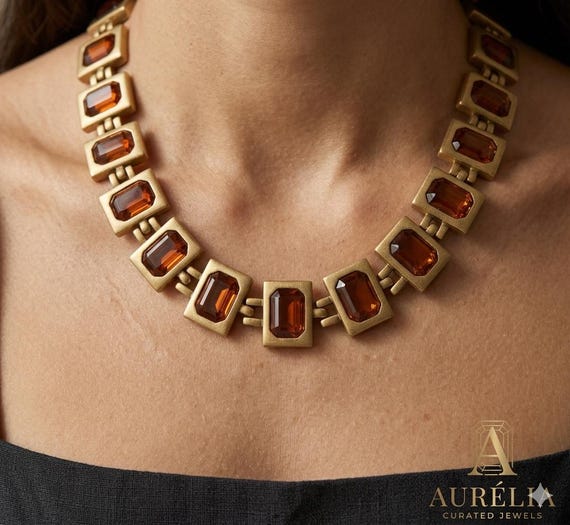 Vintage Orange Crystal Choker Necklace Gold Statement Jewelry Gift for Her