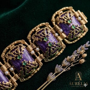 Purple Stone Bracelet · Baroque Antique Gold Statement Link · Charoite Style Vintage Jewelry bild 5