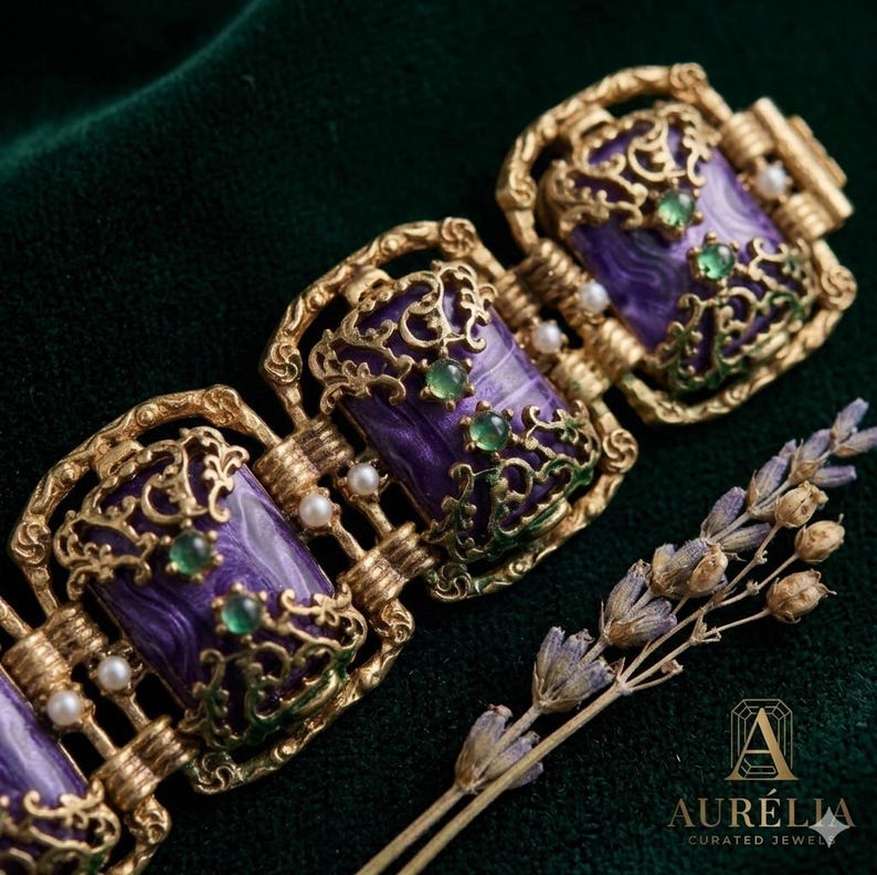 Purple Stone Bracelet · Baroque Antique Gold Statement Link · Charoite Style Vintage Jewelry bild 5