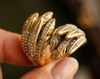 Gold Angel Wing Ring, Feather Cocktail Ring with Rhinestones, Chunky Antique Gold Statement Piece, Vintage Estate Jewelry for Her