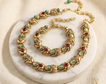Frog Jewelry Set · Antique Gold Necklace Bracelet · Whimsical Victorian Statement