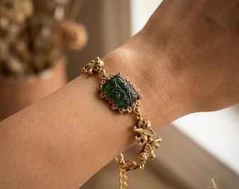 Lion Relief Bracelet · Heraldic Antique Gold · Green Charm Old Money Jewelry for Her