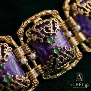 Purple Stone Bracelet · Baroque Antique Gold Statement Link · Charoite Style Vintage Jewelry bild 3