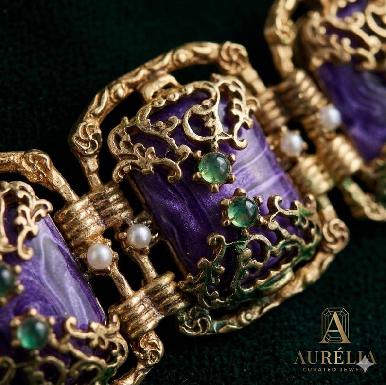 Purple Stone Bracelet · Baroque Antique Gold Statement Link · Charoite Style Vintage Jewelry bild 3