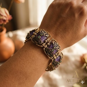 Purple Stone Bracelet · Baroque Antique Gold Statement Link · Charoite Style Vintage Jewelry bild 1