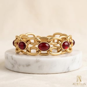 Vintage Ruby Red Chunky Bracelet Link Bangle — Antique Style 18k Gold Gothic Romance Graduation Gift