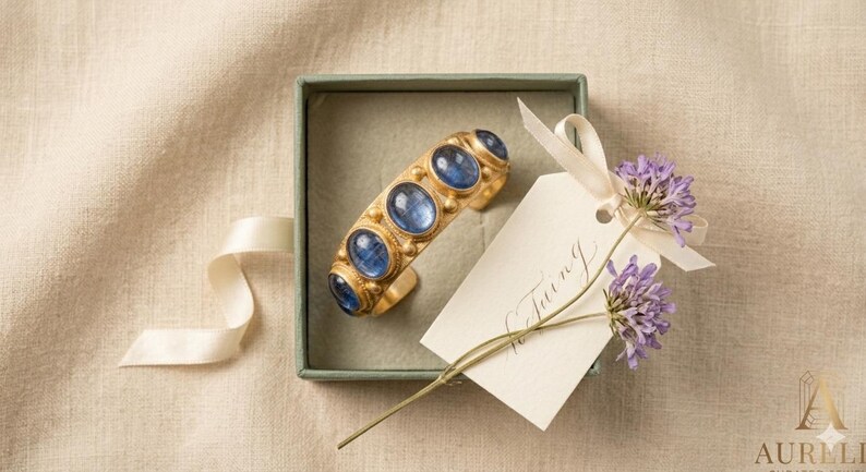 Pu&ograve; includere: Un bracciale rigido color oro con cinque pietre blu ovali a cabochon, presentato in una scatola quadrata verde salvia. Un cartellino regalo color crema con testo in corsivo &egrave; legato alla scatola con un nastro bianco, insieme a due fiori viola.