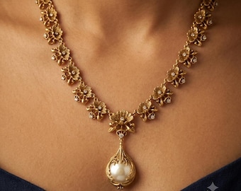 Baroque Pearl Pendant Necklace · Antique Gold Floral Statement · Victorian Bridal Jewelry