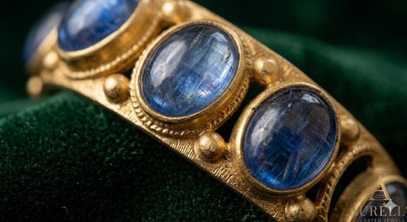 Pu&ograve; includere: Un anello color oro con una serie di pietre cabochon blu intenso di forma ovale incastonate in metallo. La fascia presenta una finitura opaca e testurizzata con piccoli accenti sferici tra ogni incastonatura e un logo in basso a destra.