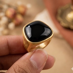 Black Onyx Style Ring · Sculptural Antique Gold Bezel · Minimalist Statement Cocktail