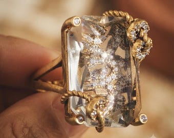 Crystal Cocktail Ring · Vintage Claw Set Antique Gold · Adjustable Statement Jewelry