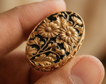 Floral Enamel Ring · Art Deco Adjustable Cocktail Band · Antique Gold Botanical Gift