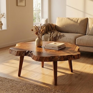 Op de afbeelding: Een salontafel van natuurlijk hout met een unieke, organische vorm. De tafel heeft een rijke, bruine kleur en wordt ondersteund door vier houten poten. Een vaas met gedroogde bloemen en een stapel boeken staan op de tafel. Woonkamer sfeer.