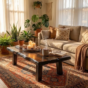 Puede incluir: Un salón acogedor con una mesa de centro de madera oscura, un sofá beige y una alfombra estampada. La mesa tiene velas, una taza y un libro. Las plantas en macetas y las cortinas transparentes contribuyen al ambiente cálido.