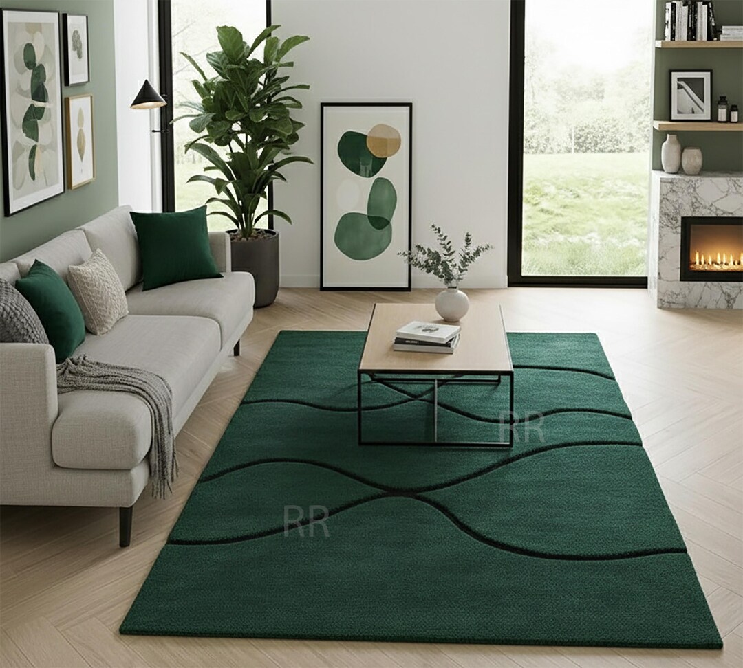 Modern Forest Green 3D Carved Area Rug – Minimalist Abstract Wave ...