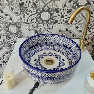 Lavabo de cerámica marroquí pintado a mano – Lavabo de baño estilo bohemio azul y blanco