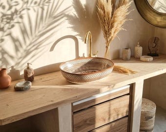 Lavabo de cerámica marroquí pintado a mano – Lavabo de baño estilo bohemio en terracota