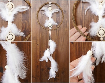 ON VACATION, White Feather Angel Dream Catcher Modern Dream Catcher Mobile Feather Tassels Large Macrame Wall Hanging Art Bohemian