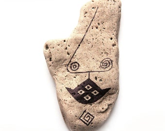 ON VACATION, Healing Raw Stone Painted Meditation Stone Ancient Mythology Symbols Black Ink Nature Inspired Minimalist