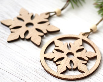 Christmas Ornaments, Set of 2 Wooden Snowflakes, Wooden Ornaments Wood Snowflake Laser Cut Snowflakes Holiday Handmade