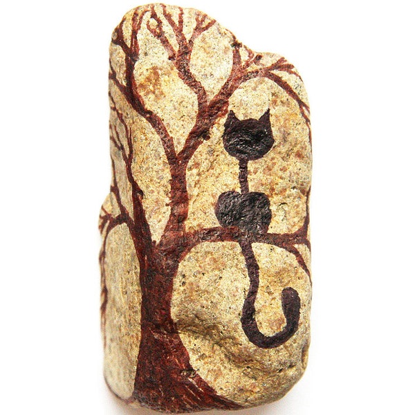 Home Decoration, Black Cat in a Tree, Painted Stone in Black and Brown, Inspired by my Neighbor's Cat Teasing my Dog, TAGT