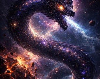 May include: A cosmic dragon illustration against a backdrop of a nebula and celestial bodies. The dragon's body is dark with embedded stars, and its eyes glow orange. The artwork features a vibrant color palette of purples, blues, and oranges.