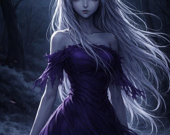 May include: Digital illustration of a woman with long, flowing silver hair and glowing white eyes, wearing a dark purple off-the-shoulder dress. The background features a crescent moon and a dark forest, creating a gothic fantasy theme.