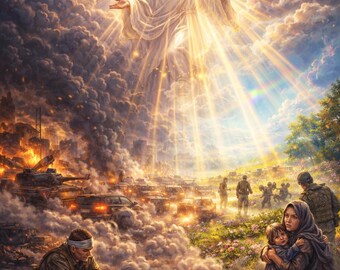 May include: Digital artwork depicting a divine figure in white robes radiating light above a war-torn landscape. Soldiers, tanks, and civilians are visible amidst smoke and fire. A woman and child are in a field of flowers.