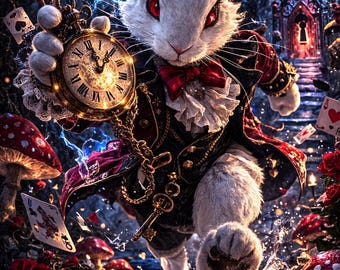May include: A digital illustration of the White Rabbit from Alice in Wonderland, holding a pocket watch and running. The rabbit wears a red bow tie and a black and red coat. Playing cards and mushrooms are scattered around the rabbit.