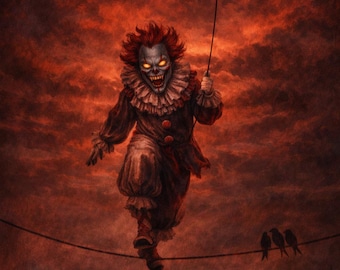 May include: A menacing clown with red hair and glowing yellow eyes balances on a tightrope, holding a red balloon against a fiery red sky. The clown wears a ruffled collar and a dark costume. A row of birds sits on the wire.