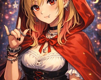 May include: Anime-style illustration of a person with blonde hair and red eyes, wearing a red hooded cloak, black corset, and white blouse. The person is adorned with jewelry and a black choker. The background features a starry night.