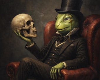 May include: An artistic illustration of a green-skinned humanoid figure in a black suit, top hat, and monocle, holding a skull. The figure is seated in a red leather armchair, with the Italian text "Essere o non essere, questo è il problema." above.