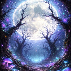 May include: Digital art of a mystical forest scene at night. A large, bright moon illuminates the sky, framed by dark, silhouetted trees. The forest floor features glowing mushrooms and sparkling lights, creating a magical atmosphere.