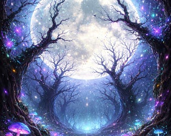 May include: Digital artwork depicting a magical forest at night. A large, bright moon shines in the sky, surrounded by dark, silhouetted trees. The forest floor is adorned with glowing mushrooms and sparkling lights, creating a mystical scene.