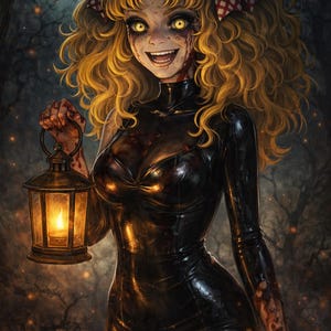 May include: Digital illustration of a smiling woman with blonde curly hair, wearing a black latex dress, holding a lantern with a lit candle. The background shows a full moon and a dark forest. The woman has blood on her face and arms.